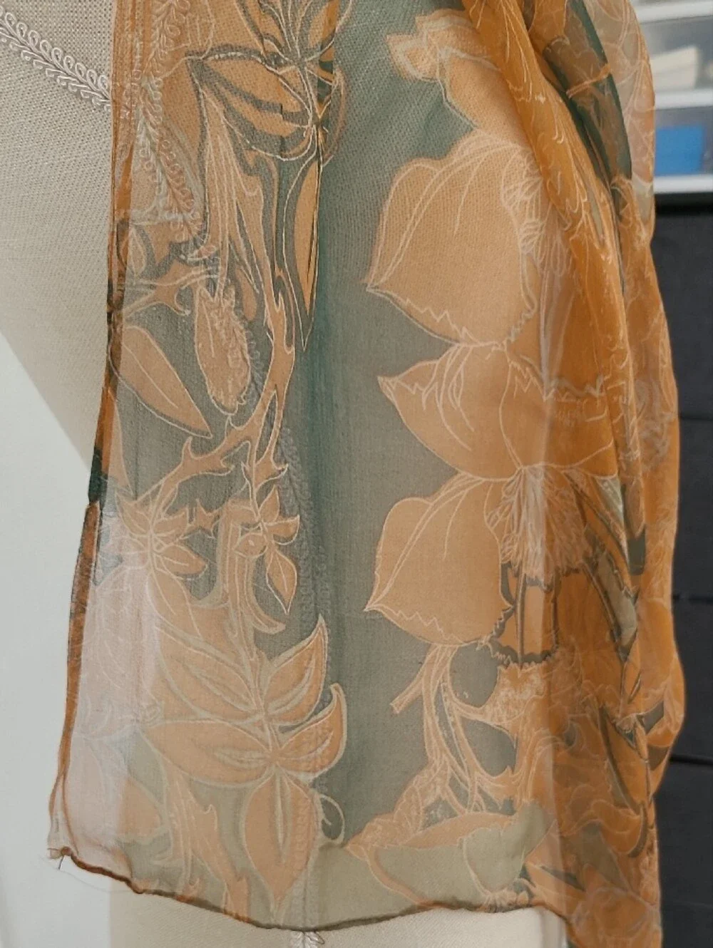 100% Silk Lightweight Floral Sheer Scarf - Brown & Green